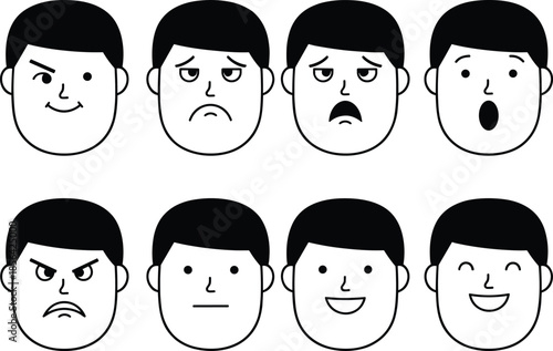 Minimalist black line icon set for human facial expressions featuring happy, sad, angry, surprised, and neutral emotion symbols.
