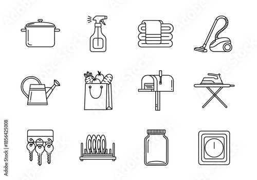 Minimalist black line icon set for home maintenance featuring cleaning tools, laundry, kitchen storage, and domestic chore symbols.