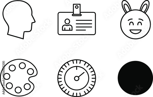 Minimalist black line icon set for identity and creativity featuring profile silhouettes, ID badges, paint palettes, and gauges.