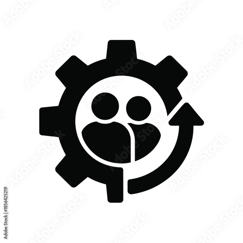 Teamwork and process a gear icon with people and an arrow symbol