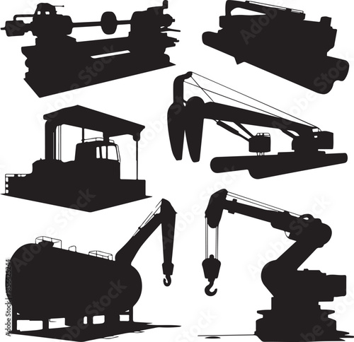 Collection of industrial machinery and equipment silhouettes isolated