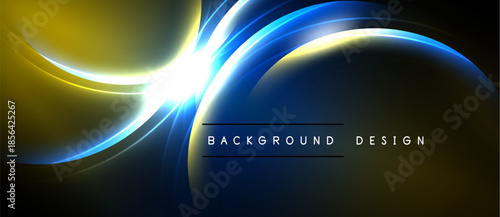 Abstract design features vibrant blue, yellow glows. Bright light radiates from center, creating dynamic visual effect. Dark background enhances contrast.