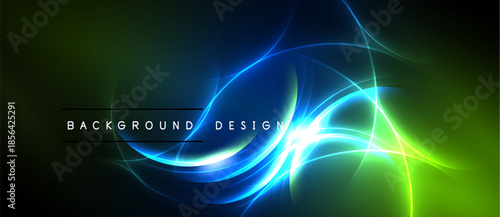 Abstract vibrant lines, glowing curves, dark background. Green, blue hues create dynamic visual effect. Modern design element.