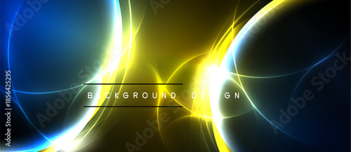 Abstract design features bright yellow, blue light streaks. Dark background creates dramatic visual effect. Modern, dynamic composition.