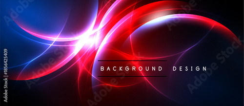 Abstract vibrant design features flowing red, blue light curves. Dark background emphasizes bright energy, modern aesthetic.