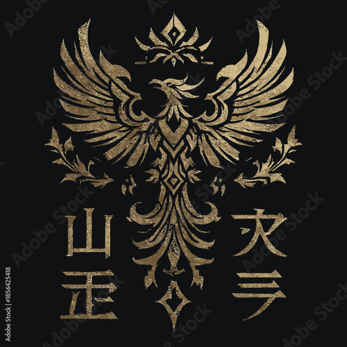 Golden phoenix emblem on black background symbol of rebirth and power
