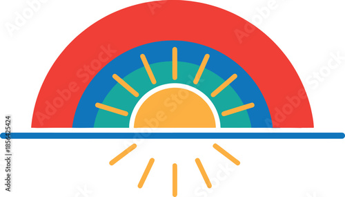 Vibrant abstract sunrise over a calm body of water with a colorful rainbow arc above