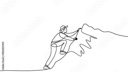 A lone climber ascends a mountain with determined effort in a minimalist style