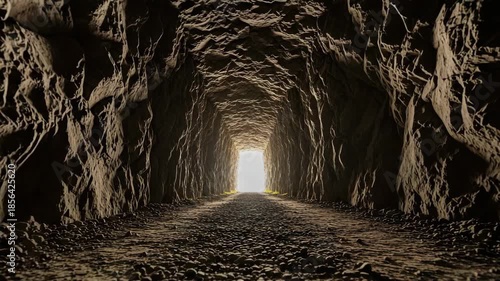 Journey through a dark and mysterious rocky cave tunnel towards a bright glowing exit. The light at the end represents hope, discovery, and a new beginning or spiritual path