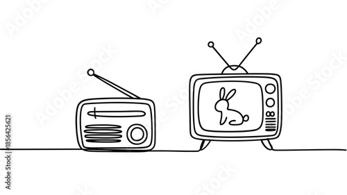 Simple line drawing depicts two retro televisions with rabbit imagery
