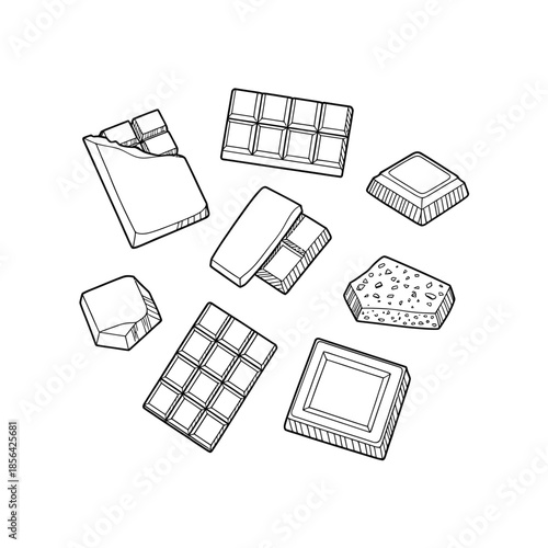 A collection of sketched chocolate bars and pieces in various shapes