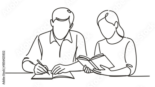 Line drawing of a man and a woman studying together at a table