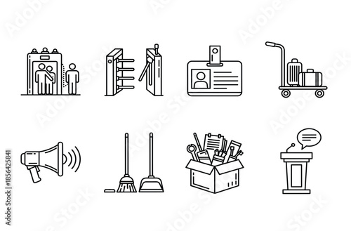 Minimalist black line icon set for office facilities, building management, business security, and professional workplace equipment symbols.