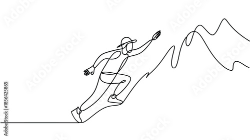 A continuous line drawing of a hiker ascending a mountain slope