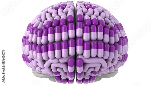 3D illustration of a human brain with purple and light purple capsule pills embedded, symbolizing mental health and pharmaceutical treatment