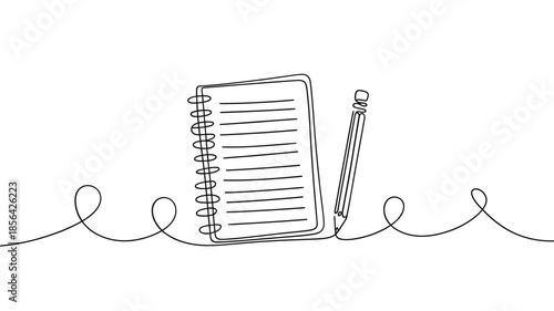 A minimalist sketch of an open notebook and a writing pen in line art