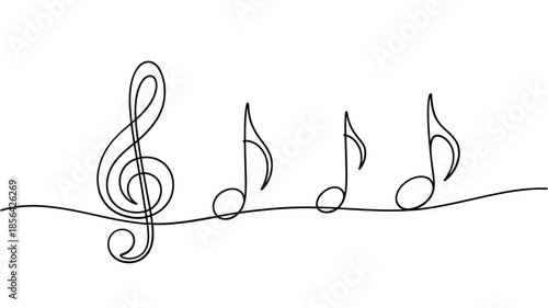 Continuous line drawing of a treble clef and musical notes illustration