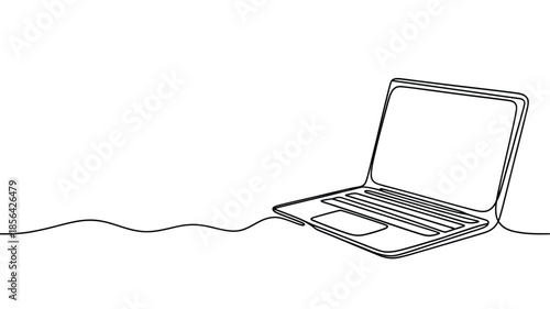 Continuous line drawing of a modern laptop computer with a power cord