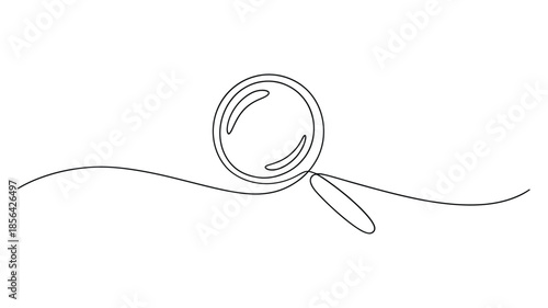 Minimalist line art illustration of a magnifying glass with a flowing design