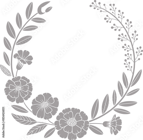 Elegant floral wreath vector illustration with flowers and leaves, minimalist gray botanical circle frame design for wedding invitations, logos, greeting cards, stationery