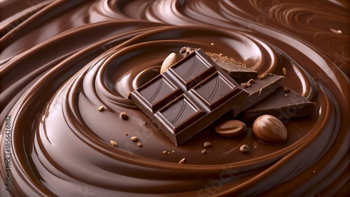 Delicious close-up shot of swirling melted dark chocolate with pieces of chocolate bar and roasted coffee beans, a tempting treat for a sweet indulgence