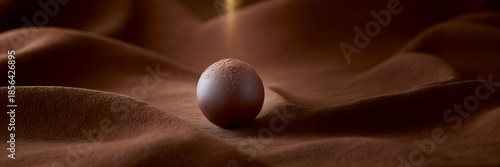 A single, polished egg-shaped object resting on a rippling, rich brown fabric surface