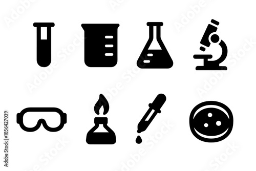Lab Equipment Icons. Science experiment in lab. Filled icon set of Science experiment in lab: test tube,