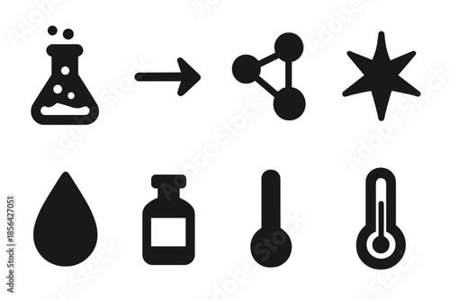 Chemical Reaction Icons. Chemical reactions. Filled icon set of Chemical reactions: bubbling flask, reaction