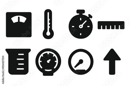 Lab Measurement Icons. Lab measurements. Filled icon set of Lab measurements: scale, thermometer, stopwatch,
