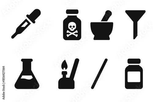 Chemistry Tools Icons. Chemistry tools. Filled icon set of Chemistry tools: dropper, chemical bottle, mortar