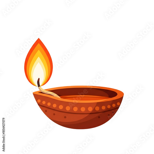 Clay diya lamp with a lit wick isolated on transparent background