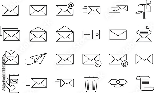 Communication and email icons set featuring envelopes, mailboxes, paper planes, trash bins, digital messages and secure mailing interface symbols. (18 words)