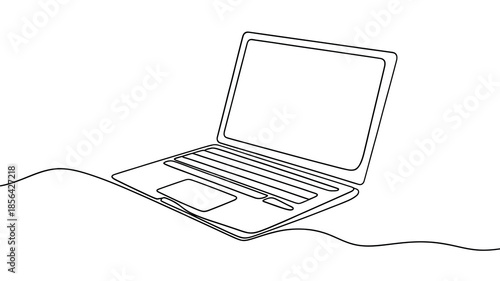 Simple one line drawing of a modern laptop with a connected power cable