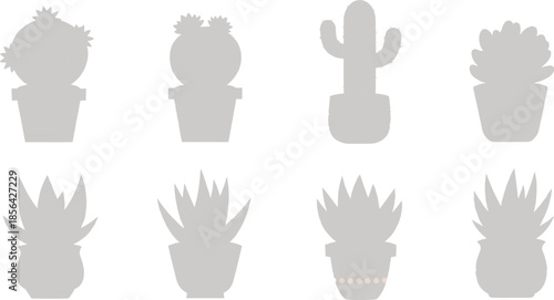Potted cactus and succulent silhouettes vector illustration set, minimalist gray indoor plant icons collection for home decor, gardening, botanical design projects