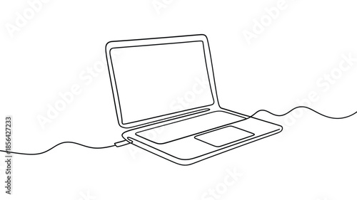 Simple line drawing of a modern laptop with a connected cable