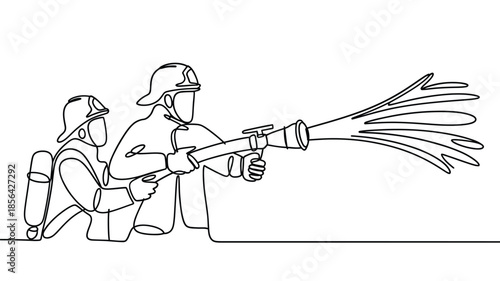 Continuous line drawing of two firefighters battling a blaze with a hose