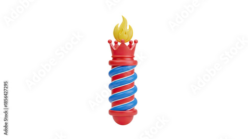 Stylized barber pole with flame and crown on transparent background