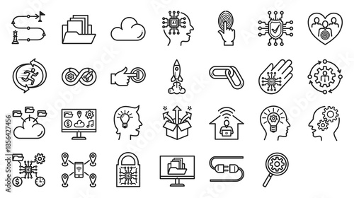 Digital Transformation set of vector icons - Minimalis Outline Style contain Strategy, Data, Cloud,
Artificial Intelligence, Automation,Cyber security,
Customer Centricity, Agility, DevOps, UX