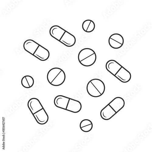 Simple line drawing of scattered pills and tablets in a minimalist style