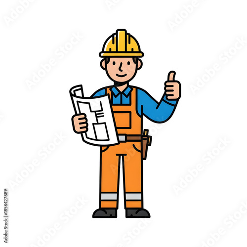 A construction worker holding blueprints and giving thumbs up isolated on transparent background