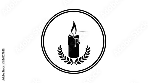 Black and white candle with laurel wreath in a circular frame, symbolizing remembrance and peace.