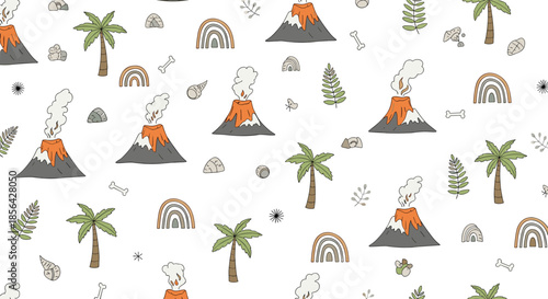 Prehistoric themed pattern for children featuring erupting volcanoes, palm trees, rainbows, shells, and bones in a soft color palette.