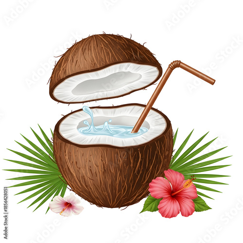 Tropical coconut with straw isolated on transparent background