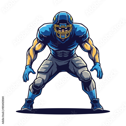 Vector illustration of an american football player in a blue uniform and protective gear, standing in a defensive stance against a clean white background with a bold and dynamic mood.