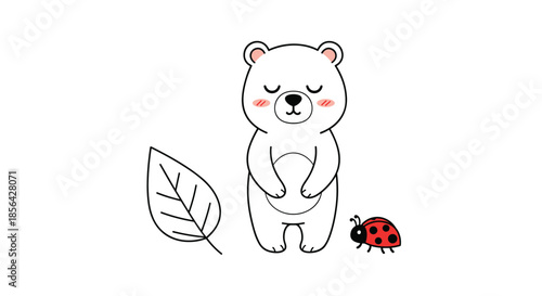 Cute polar bear character sitting with a closed eyes expression next to a ladybug and a single leaf for nature themed illustrations.