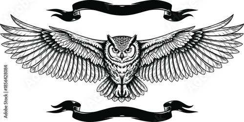 Detailed flying owl vector illustration with wide wingspan and blank heraldic banners for crest design, emblem, tattoo art, and vintage mascot branding.