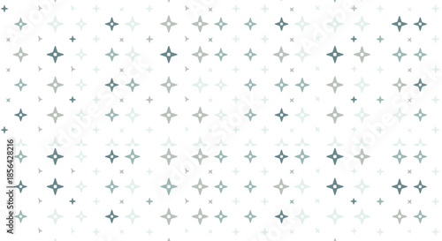 Minimalist geometric pattern consisting of small four pointed stars in shades of teal and grey on a clean white background.