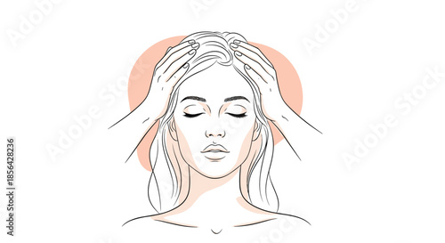 Professional line art illustration of a woman receiving a relaxing head massage with eyes closed for spa and wellness themes.