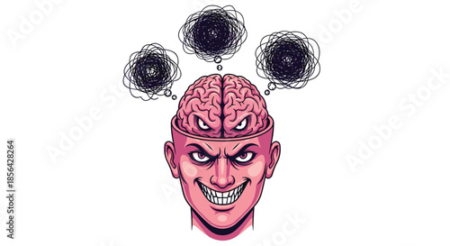 Intense illustration of a man with an angry expression and open head showing a furious brain and smoke clouds for rage themes.