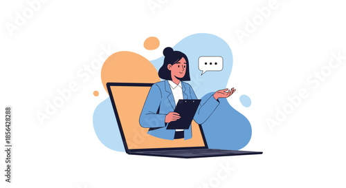Young businesswoman with a clipboard pops out from a laptop screen as a virtual assistant or online consultant for help.